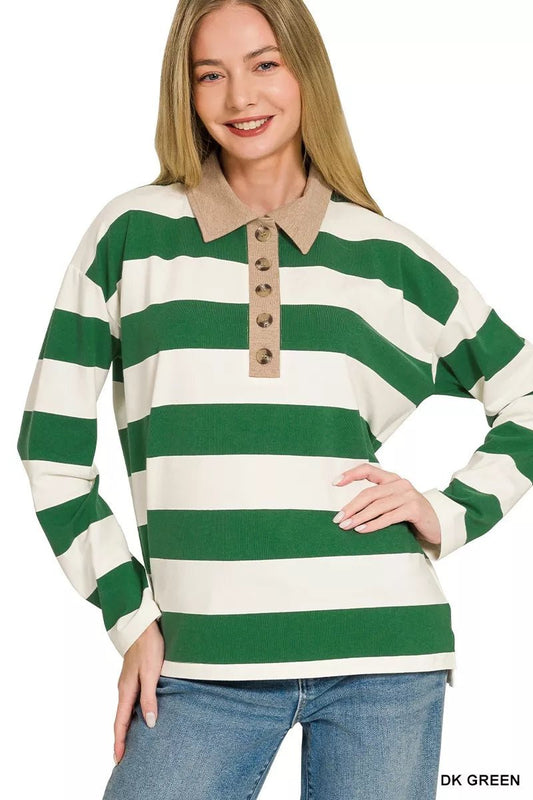 Zenana Striped Contrast Collar Polo Top - Bitsy Gypsy Boutique