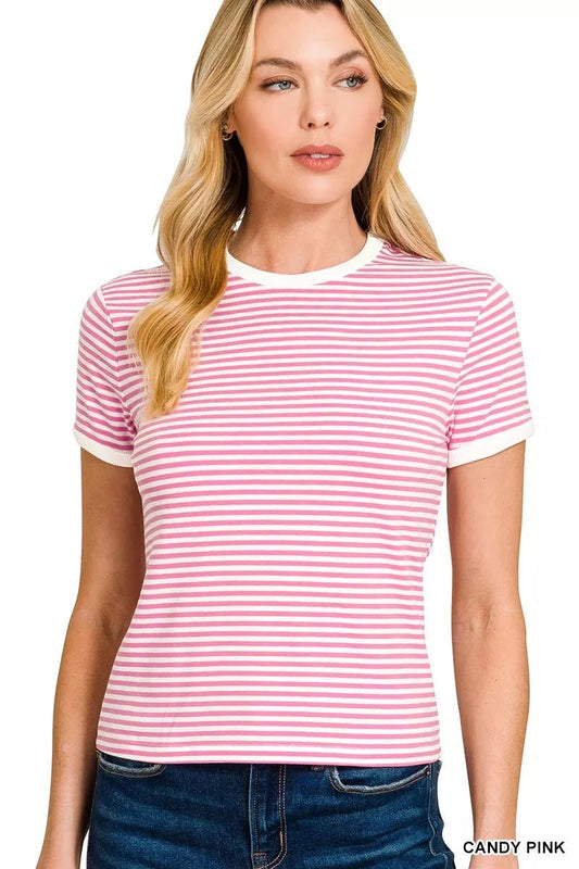 Zenana Striped Contrast Trim Tee - Bitsy Gypsy Boutique