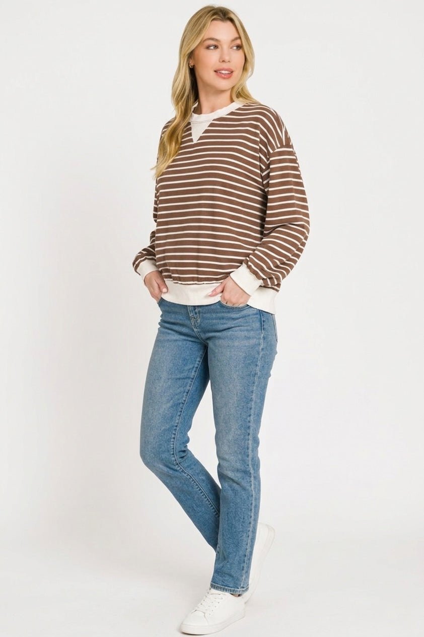 Zenana Striped Rib Banded Sweatshirt - Bitsy Gypsy Boutique