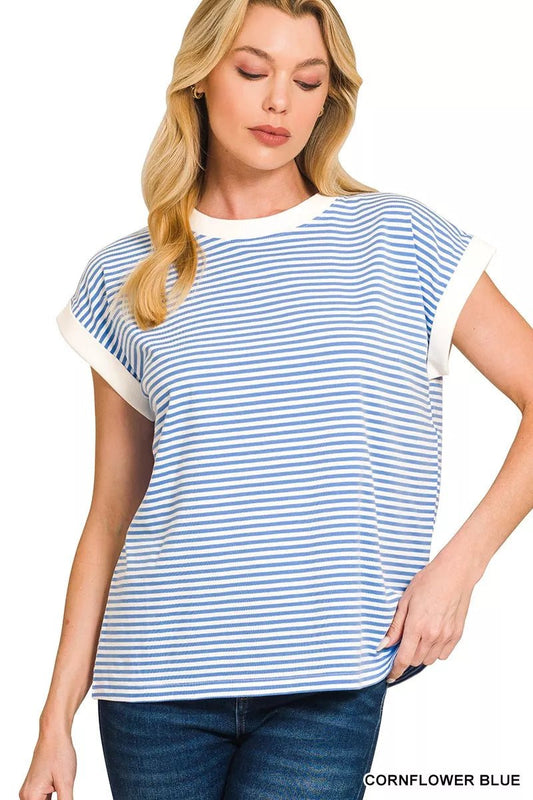 Zenana Striped Round Neck Short Sleeve Contrast Trim T-Shirt - Bitsy Gypsy Boutique