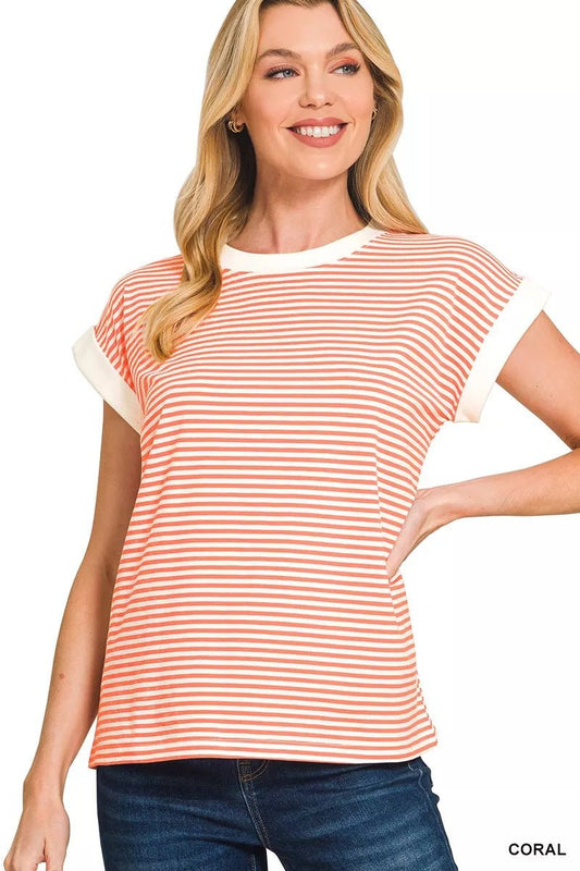 Zenana Striped Round Neck Short Sleeve Contrast Trim T-Shirt - Bitsy Gypsy Boutique