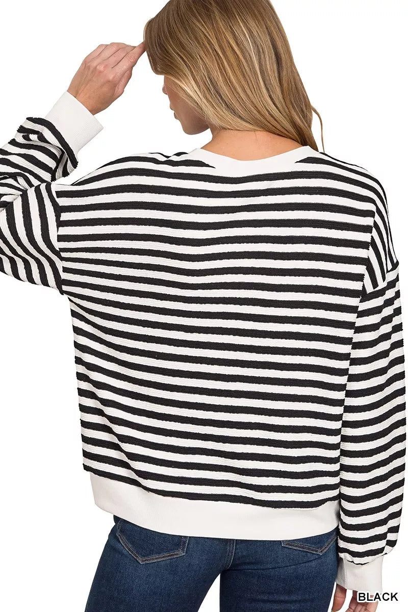 Zenana Striped Round Neck Sweatshirt - Bitsy Gypsy Boutique