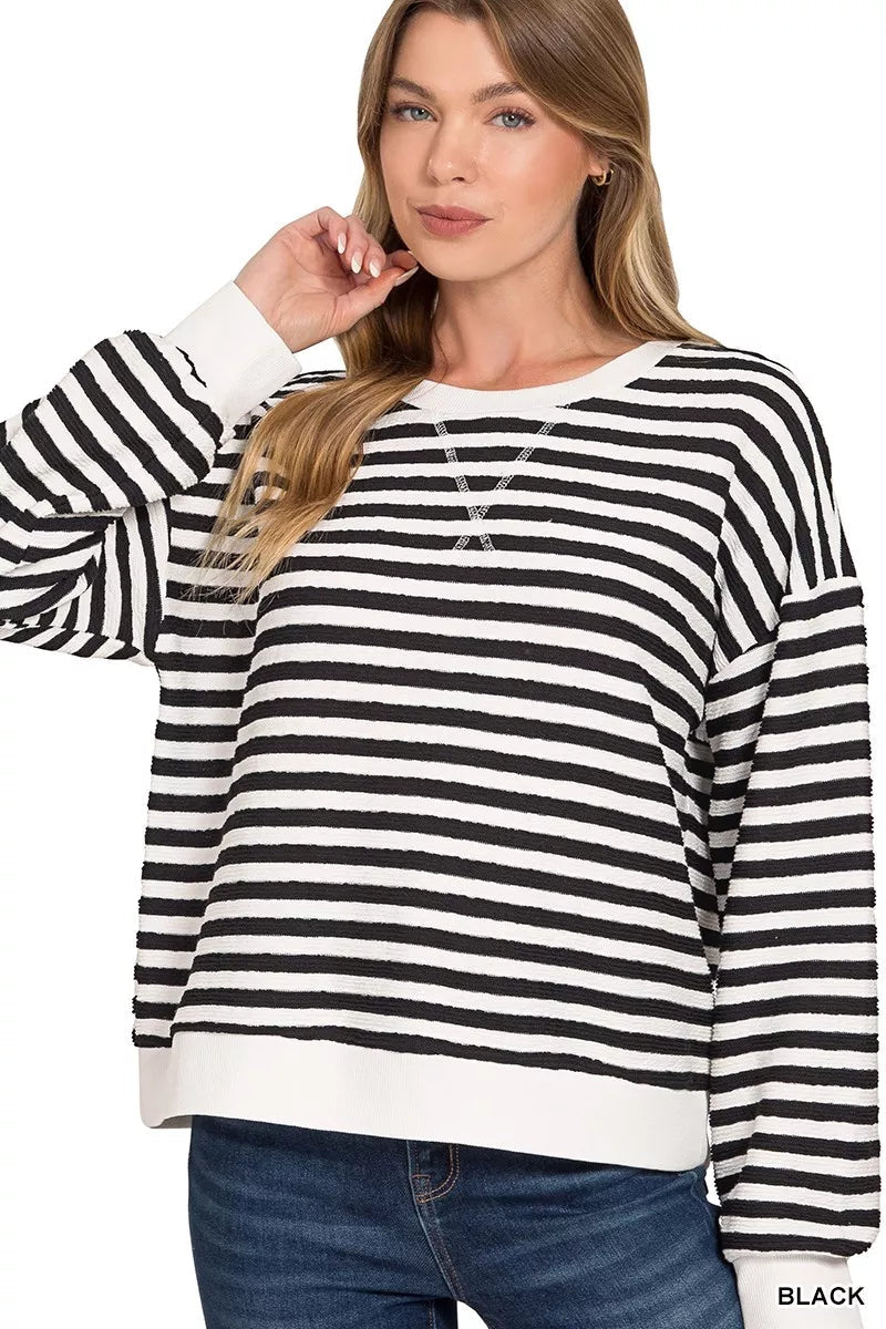 Zenana Striped Round Neck Sweatshirt - Bitsy Gypsy Boutique
