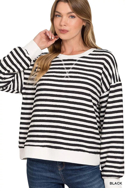 Zenana Striped Round Neck Sweatshirt - Bitsy Gypsy Boutique