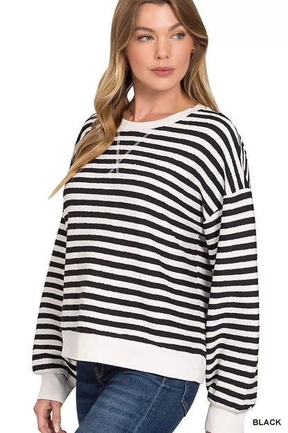 Zenana Striped Round Neck Sweatshirt - Bitsy Gypsy Boutique