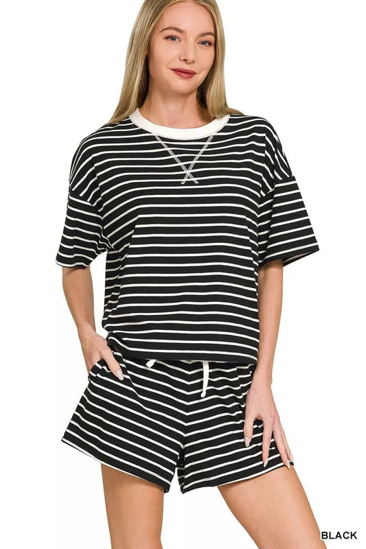 Zenana Striped Round Neck Tee & Shorts Set - Bitsy Gypsy Boutique