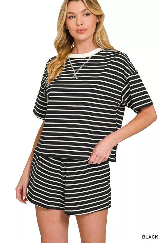 Zenana Striped Round Neck Tee & Shorts Set - Bitsy Gypsy Boutique