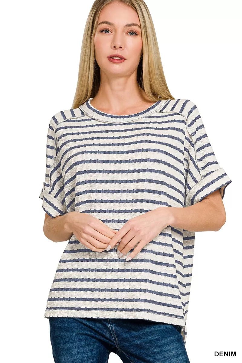 Zenana Striped Short Sleeve Hi - low Tee - Bitsy Gypsy Boutique