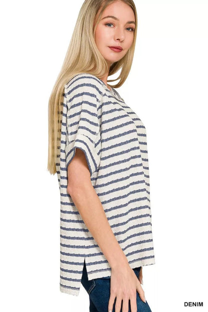 Zenana Striped Short Sleeve Hi - low Tee - Bitsy Gypsy Boutique