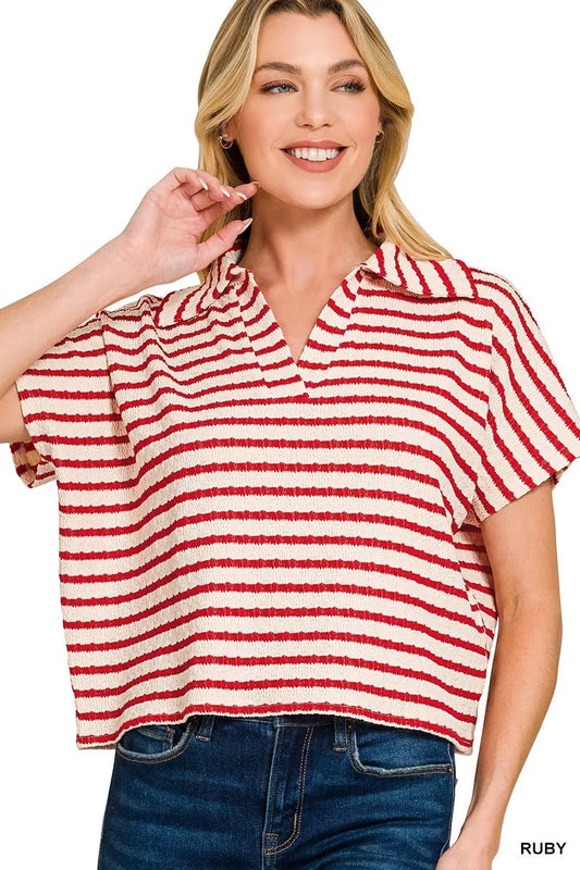 Zenana Striped Split Neck Collared Top - Bitsy Gypsy Boutique