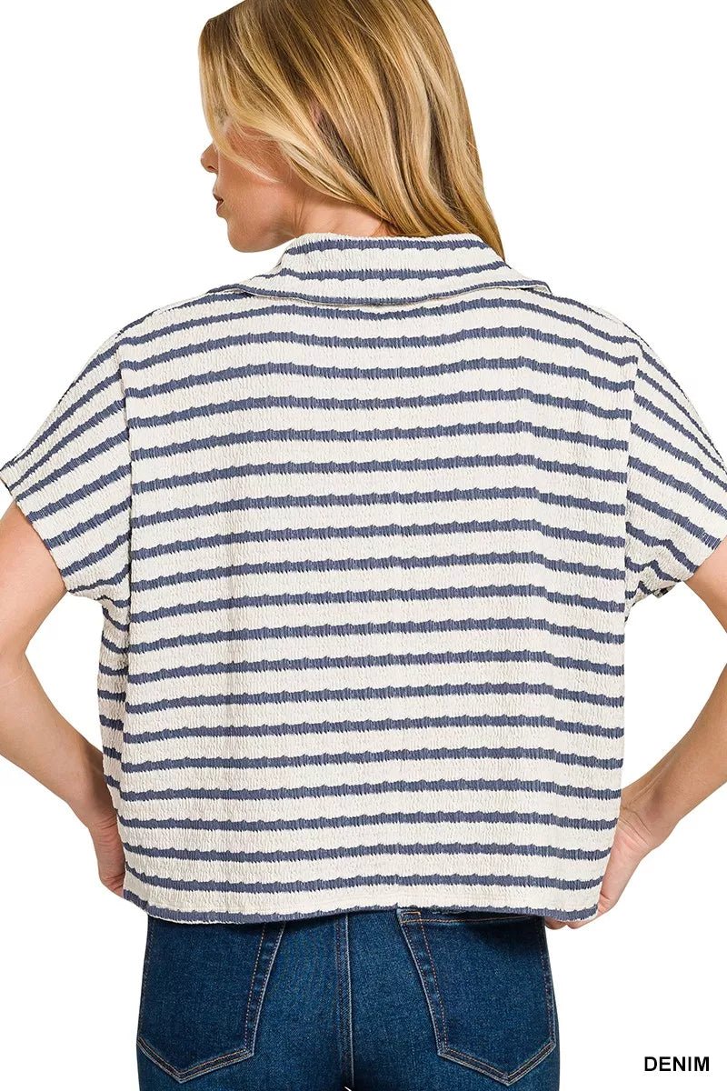 Zenana Striped Split Neck Collared Top - Bitsy Gypsy Boutique