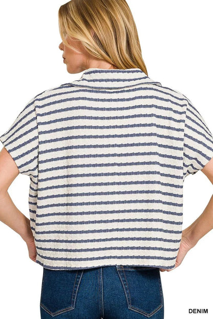 Zenana Striped Split Neck Collared Top - Bitsy Gypsy Boutique