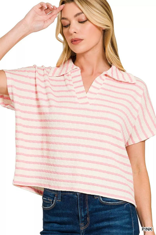Zenana Striped Split Neck Collared Top - Bitsy Gypsy Boutique
