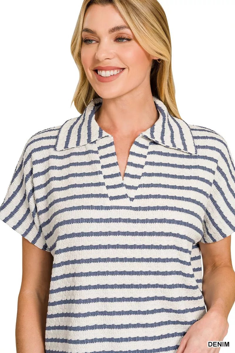 Zenana Striped Split Neck Collared Top - Bitsy Gypsy Boutique