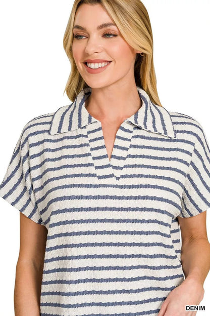 Zenana Striped Split Neck Collared Top - Bitsy Gypsy Boutique