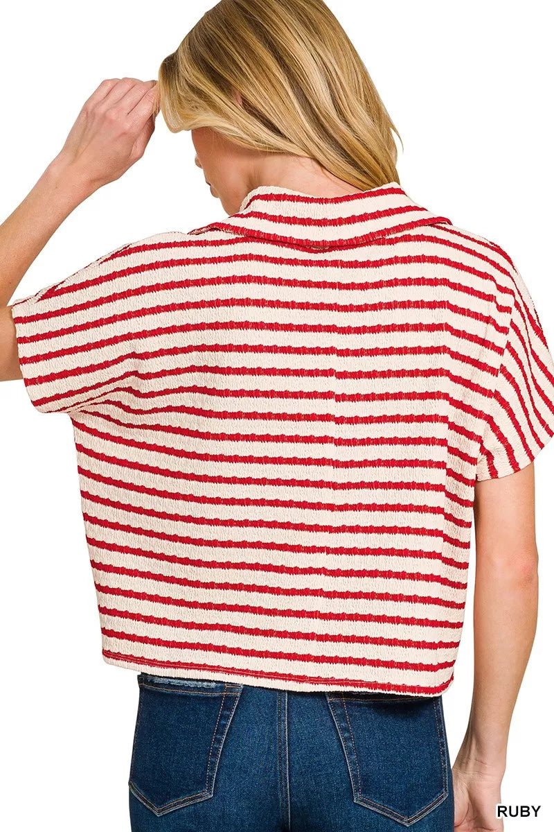 Zenana Striped Split Neck Collared Top - Bitsy Gypsy Boutique