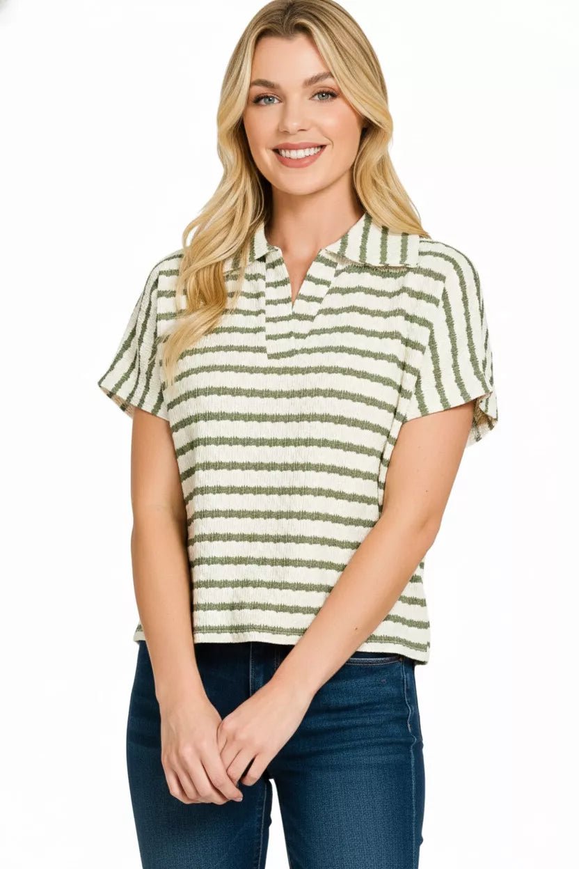 Zenana Striped Split Neck Collared Top - Bitsy Gypsy Boutique