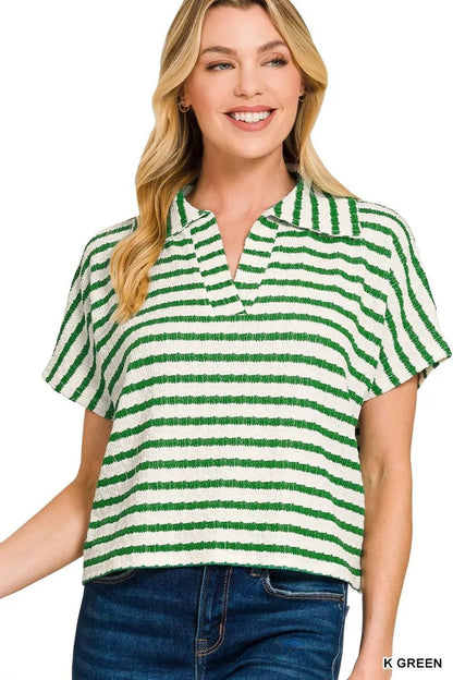 Zenana Striped Split Neck Collared Top - Bitsy Gypsy Boutique
