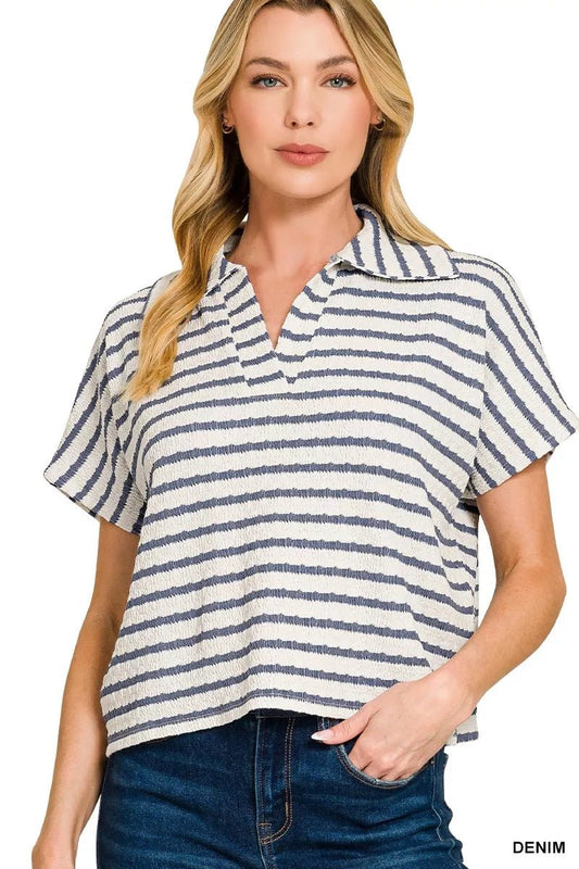 Zenana Striped Split Neck Collared Top - Bitsy Gypsy Boutique