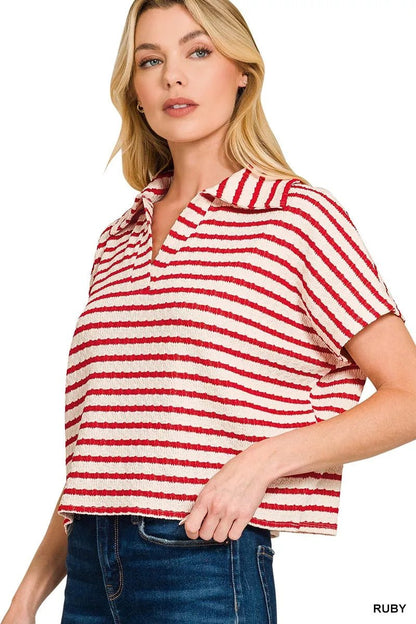 Zenana Striped Split Neck Collared Top - Bitsy Gypsy Boutique