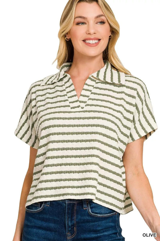 Zenana Striped Split Neck Collared Top - Bitsy Gypsy Boutique
