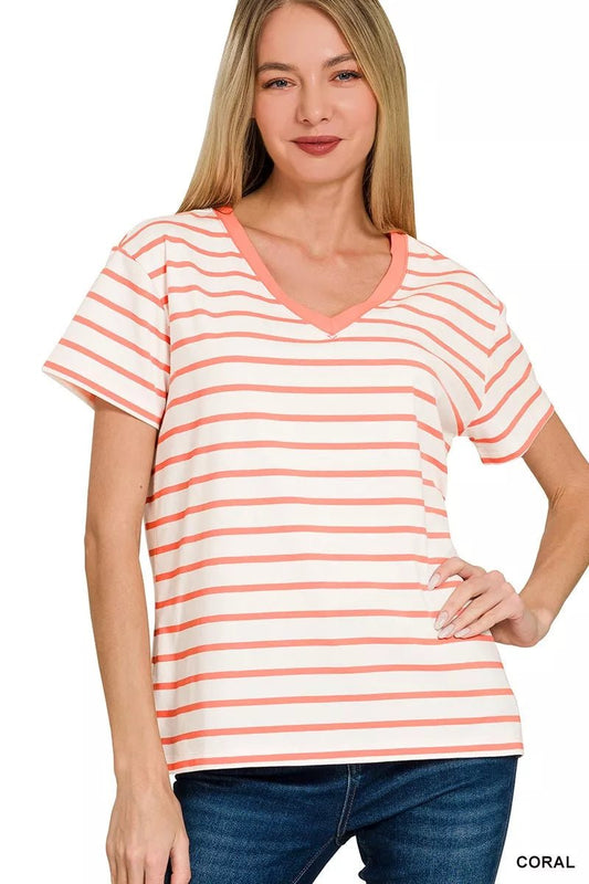 Zenana Striped V - Neck Short Sleeve T-Shirt - Bitsy Gypsy Boutique
