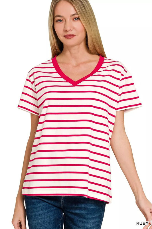 Zenana Striped V - Neck Short Sleeve T-Shirt - Bitsy Gypsy Boutique