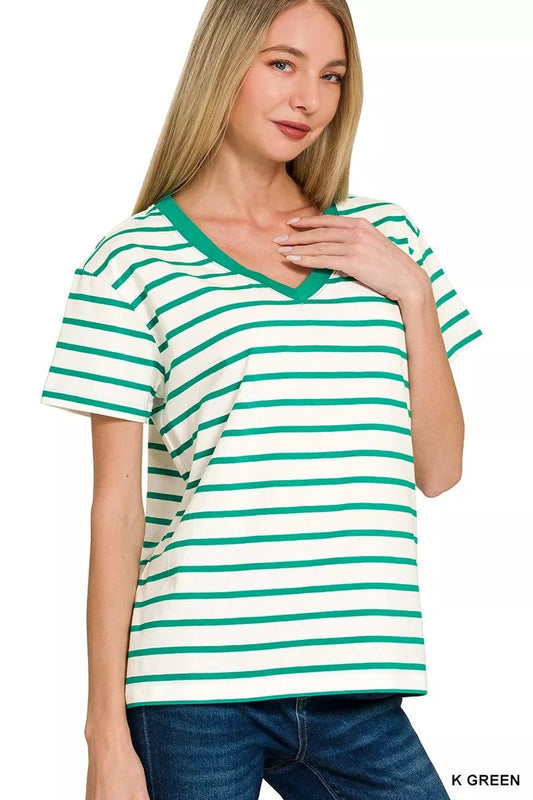Zenana Striped V - Neck Short Sleeve T-Shirt - Bitsy Gypsy Boutique
