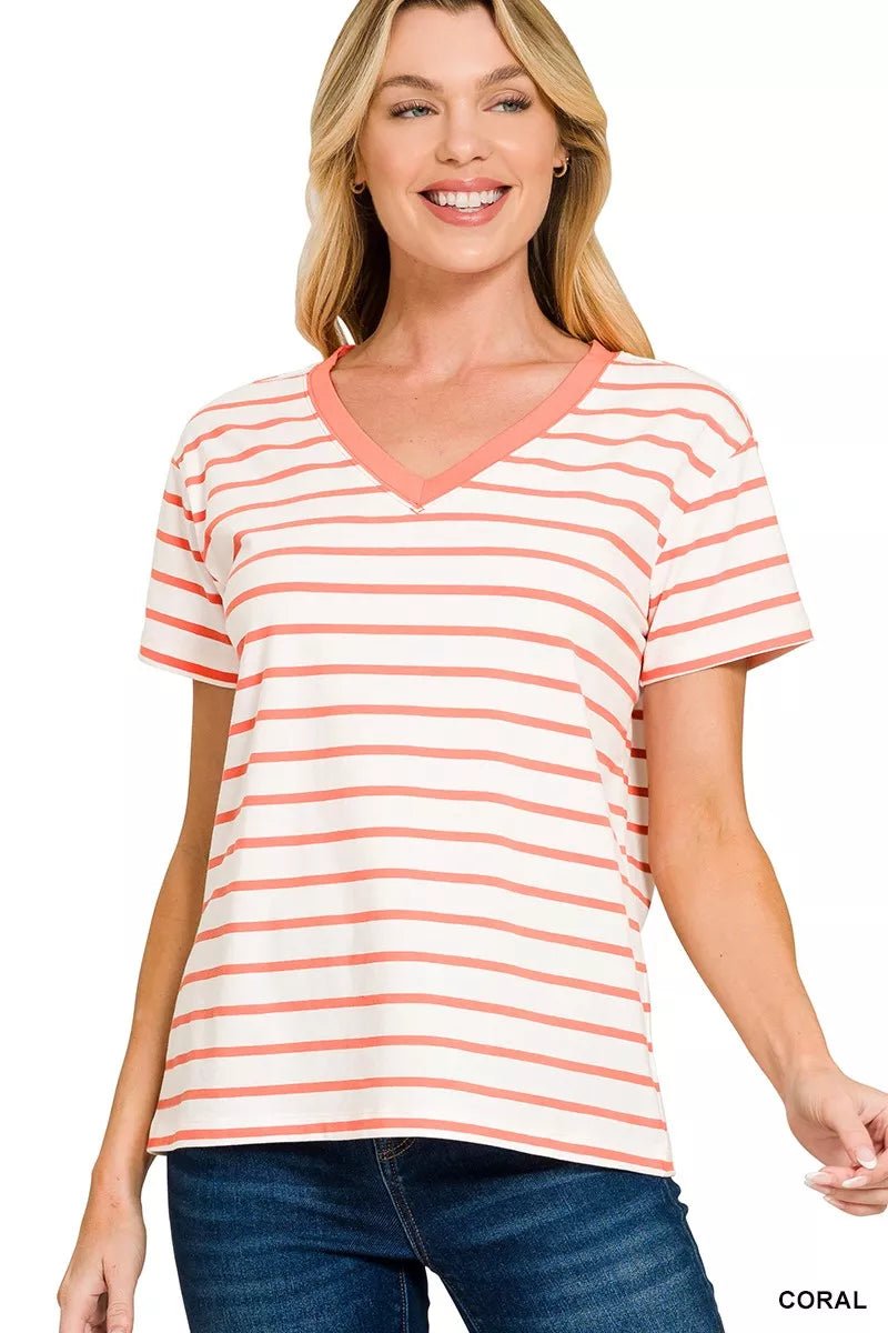 Zenana Striped V - Neck Short Sleeve T-Shirt - Bitsy Gypsy Boutique