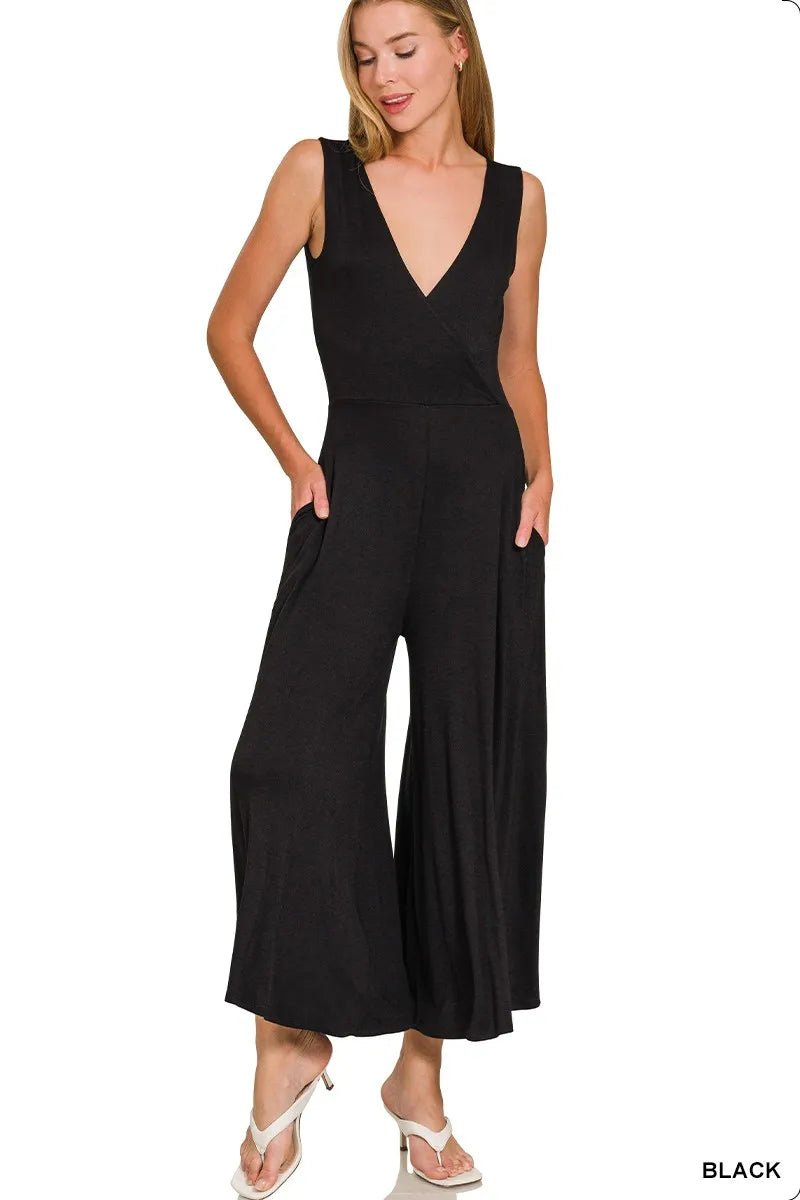 Zenana Surplice Neckline Sleeveless Jumpsuit - Bitsy Gypsy Boutique