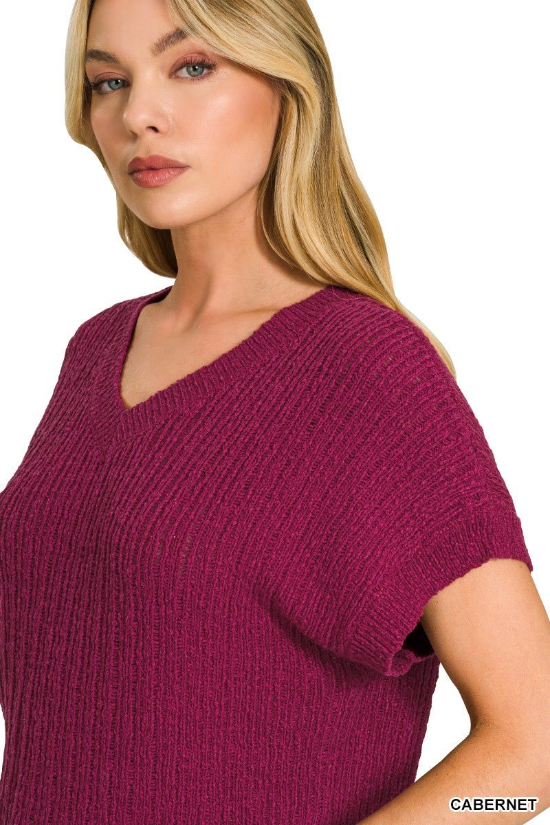 Zenana Textured Knit V - Neck Cropped Sweater - Bitsy Gypsy Boutique