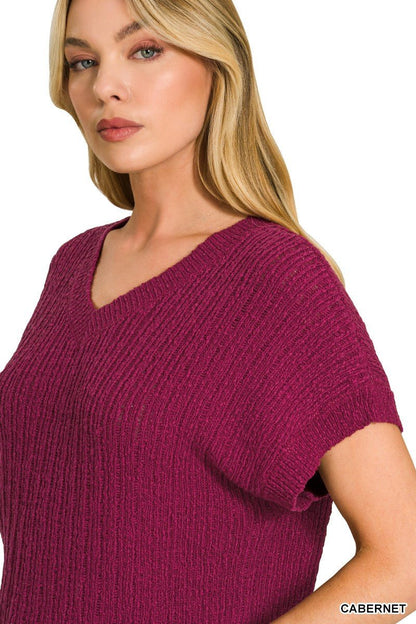 Zenana Textured Knit V - Neck Cropped Sweater - Bitsy Gypsy Boutique