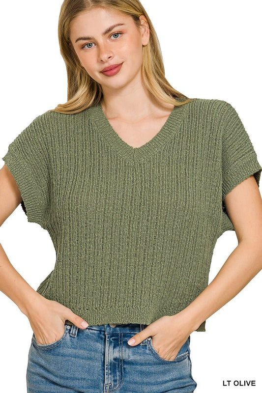Zenana Textured Knit V - Neck Cropped Sweater - Bitsy Gypsy Boutique