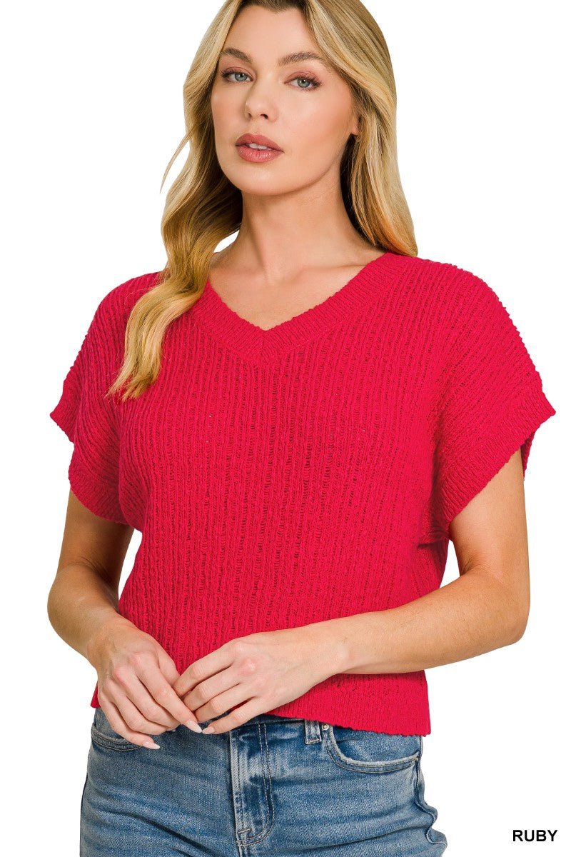 Zenana Textured Knit V - Neck Cropped Sweater - Bitsy Gypsy Boutique