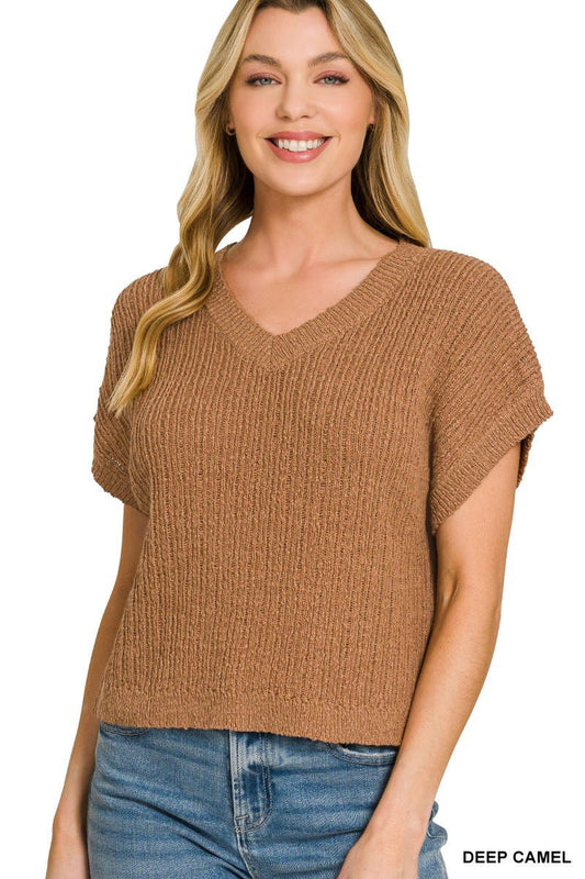 Zenana Textured Knit V - Neck Cropped Sweater - Bitsy Gypsy Boutique
