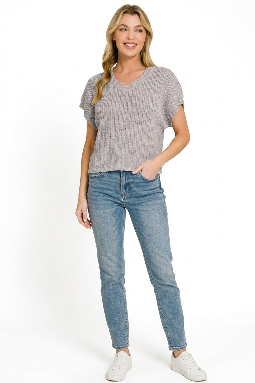 Zenana Textured Knit V - Neck Cropped Sweater - Bitsy Gypsy Boutique