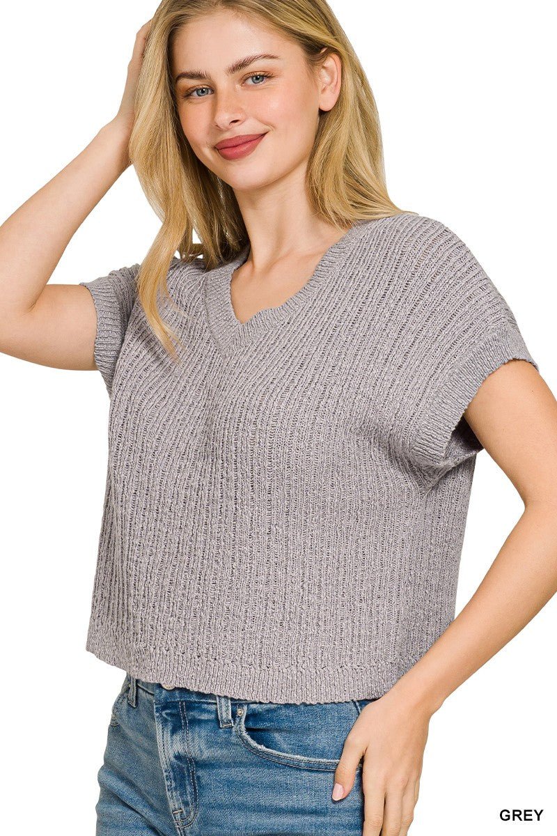 Zenana Textured Knit V - Neck Cropped Sweater - Bitsy Gypsy Boutique