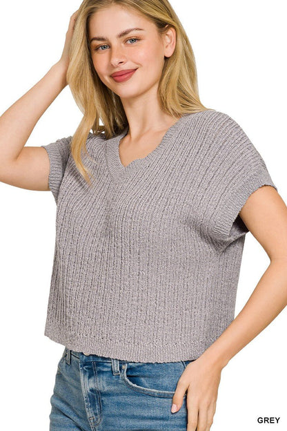 Zenana Textured Knit V - Neck Cropped Sweater - Bitsy Gypsy Boutique