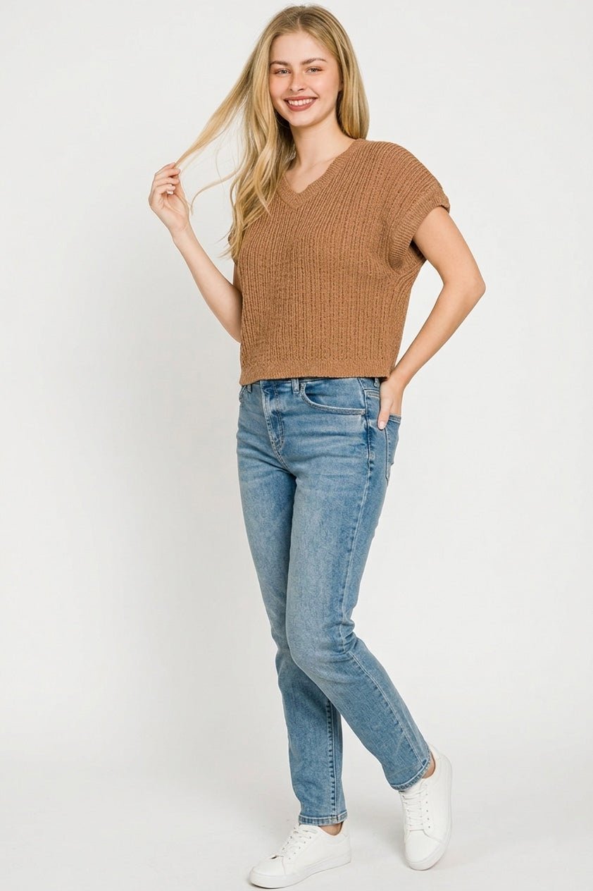 Zenana Textured Knit V - Neck Cropped Sweater - Bitsy Gypsy Boutique