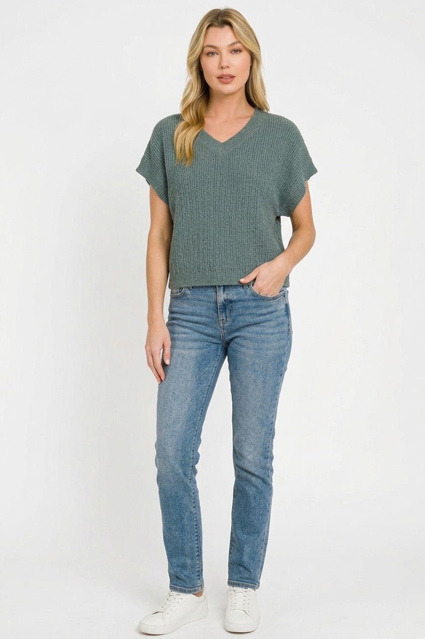 Zenana Textured Knit V - Neck Cropped Sweater - Bitsy Gypsy Boutique