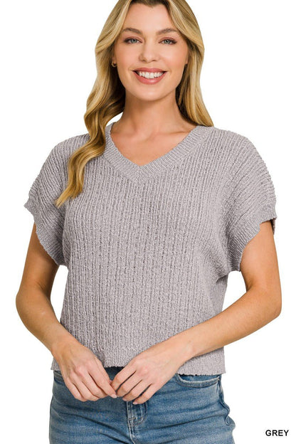 Zenana Textured Knit V - Neck Cropped Sweater - Bitsy Gypsy Boutique
