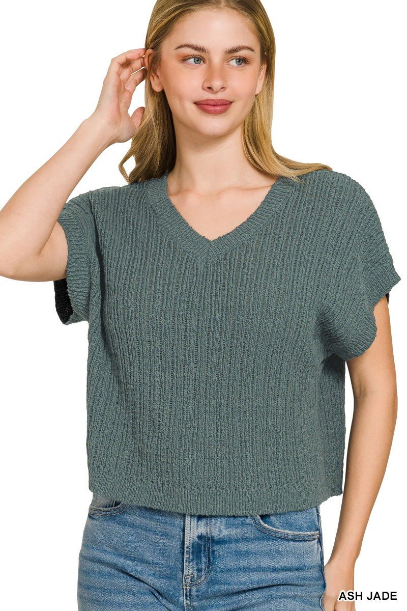 Zenana Textured Knit V - Neck Cropped Sweater - Bitsy Gypsy Boutique