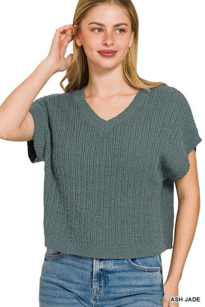 Zenana Textured Knit V - Neck Cropped Sweater - Bitsy Gypsy Boutique