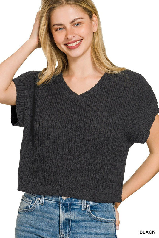 Zenana Textured Knit V - Neck Cropped Sweater - Bitsy Gypsy Boutique
