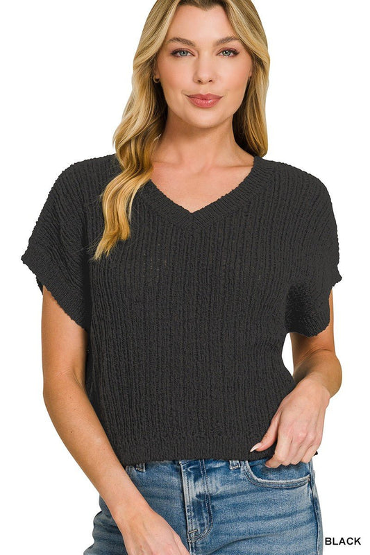 Zenana Textured Knit V - Neck Cropped Sweater - Bitsy Gypsy Boutique