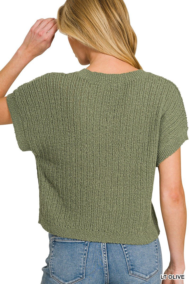 Zenana Textured Knit V - Neck Cropped Sweater - Bitsy Gypsy Boutique