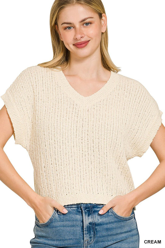 Zenana Textured Knit V - Neck Cropped Sweater - Bitsy Gypsy Boutique