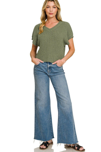 Zenana Textured Knit V - Neck Cropped Sweater - Bitsy Gypsy Boutique