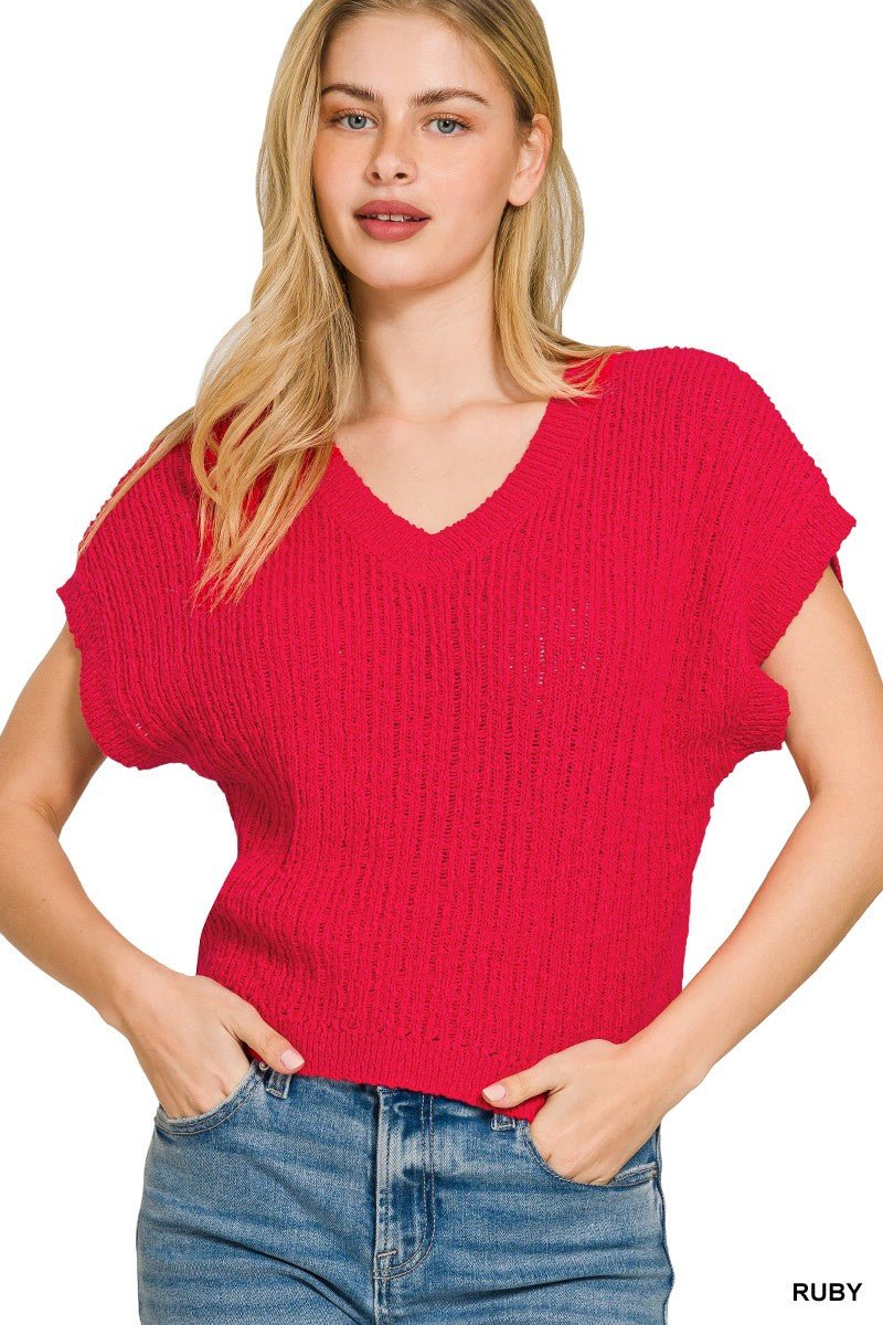 Zenana Textured Knit V - Neck Cropped Sweater - Bitsy Gypsy Boutique
