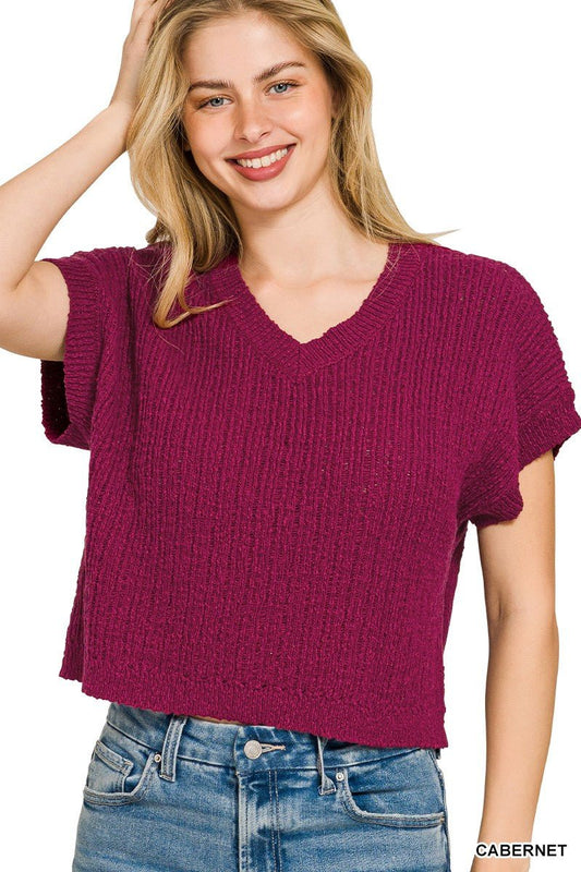 Zenana Textured Knit V - Neck Cropped Sweater - Bitsy Gypsy Boutique